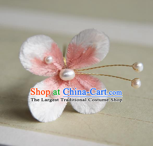 Chinese Traditional Cheongsam Pearls Hairpin Hair Accessories Ancient Princess Pink Velvet Butterfly Hair Stick