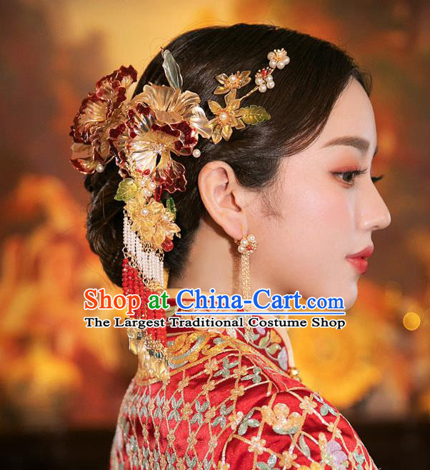 Chinese Traditional Wedding Bride Hair Accessories Classical Xiuhe Suit Beads Tassel Hairpins