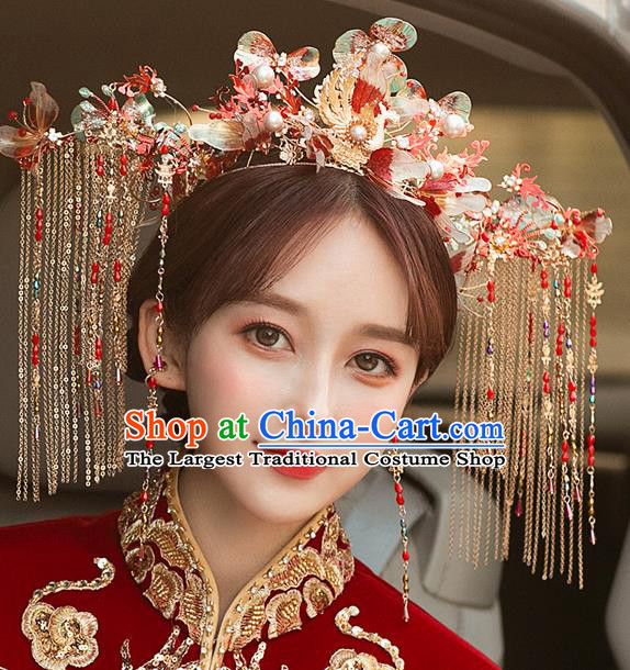 Chinese Traditional Wedding Hair Accessories Classical Xiuhe Suit Tassel Hair Crown Bride Phoenix Coronet