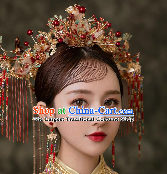 Chinese Classical Xiuhe Suit Red Tassel Hair Crown Bride Phoenix Coronet Traditional Wedding Hair Accessories