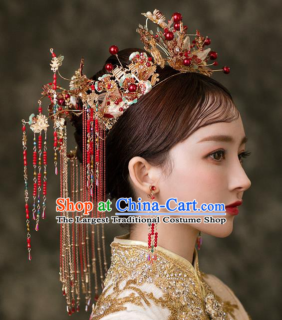 Chinese Classical Xiuhe Suit Red Tassel Hair Crown Bride Phoenix Coronet Traditional Wedding Hair Accessories