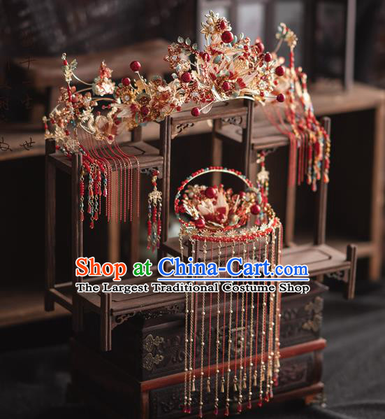 Chinese Classical Xiuhe Suit Red Tassel Hair Crown Bride Phoenix Coronet Traditional Wedding Hair Accessories