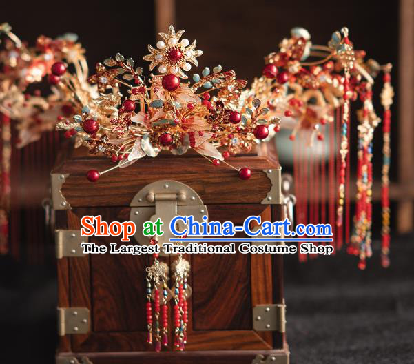 Chinese Classical Xiuhe Suit Red Tassel Hair Crown Bride Phoenix Coronet Traditional Wedding Hair Accessories