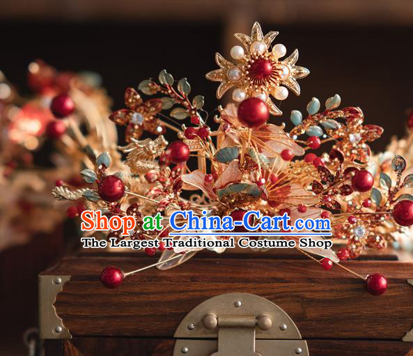 Chinese Classical Xiuhe Suit Red Tassel Hair Crown Bride Phoenix Coronet Traditional Wedding Hair Accessories