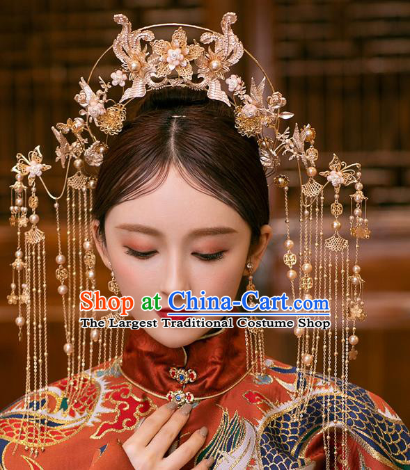 Chinese Bride Tassel Phoenix Coronet Traditional Wedding Hair Accessories Classical Xiuhe Suit Golden Hair Crown