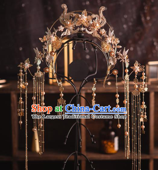 Chinese Bride Tassel Phoenix Coronet Traditional Wedding Hair Accessories Classical Xiuhe Suit Golden Hair Crown