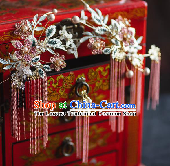 Chinese Bride Headdress Traditional Wedding Hair Accessories Classical Xiuhe Suit Pink Tassel Hair Sticks
