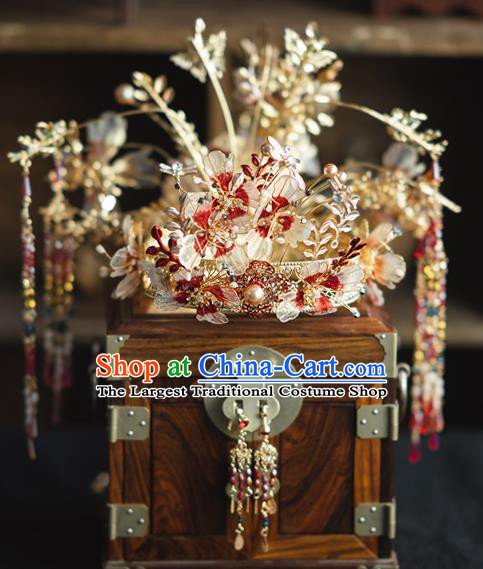 Chinese Traditional Wedding Hair Accessories Classical Xiuhe Suit Hair Crown Bride Tassel Hairpins