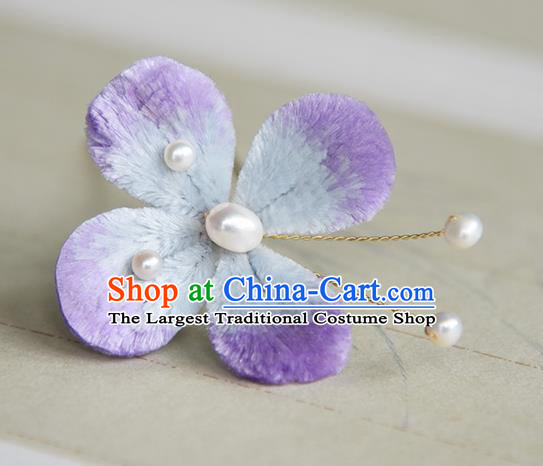 Chinese Ancient Young Lady Purple Velvet Butterfly Hair Stick Traditional Cheongsam Hairpin Headpiece