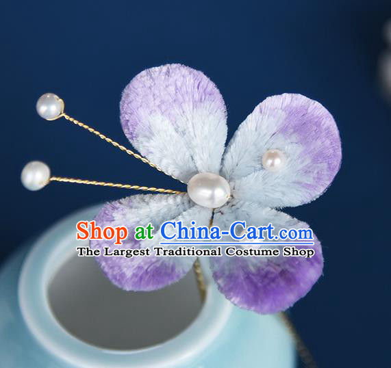 Chinese Ancient Young Lady Purple Velvet Butterfly Hair Stick Traditional Cheongsam Hairpin Headpiece