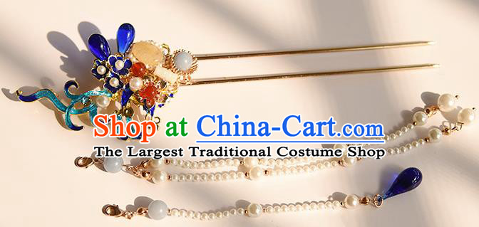 Chinese Traditional Hanfu Pearls Tassel Hairpin Hair Accessories Handmade Ancient Princess Cloisonne Hair Stick