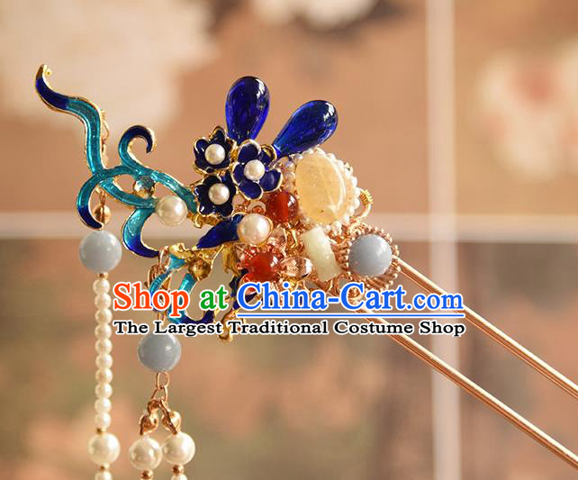 Chinese Traditional Hanfu Pearls Tassel Hairpin Hair Accessories Handmade Ancient Princess Cloisonne Hair Stick