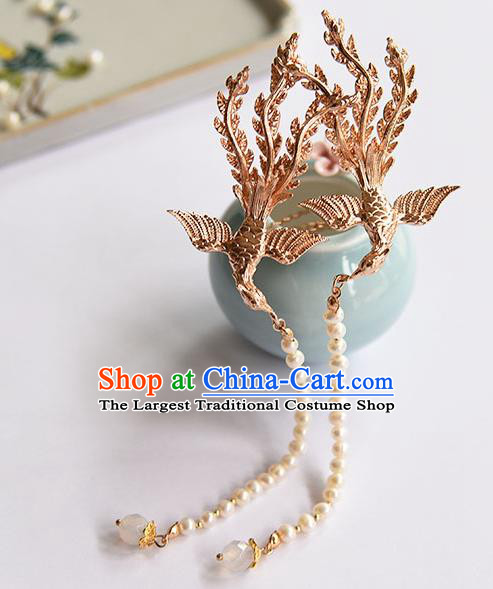Chinese Ancient Hanfu Pearls Tassel Hairpin Traditional Ming Dynasty Princess Golden Phoenix Hair Stick