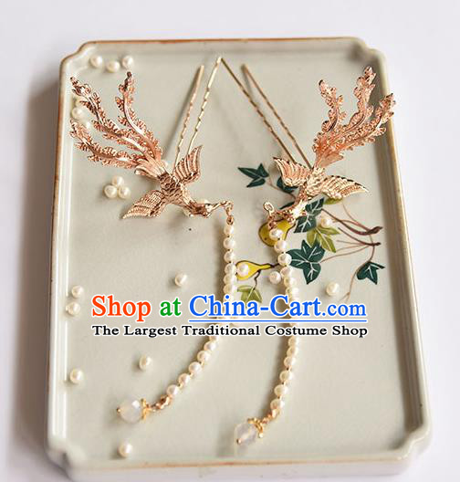 Chinese Ancient Hanfu Pearls Tassel Hairpin Traditional Ming Dynasty Princess Golden Phoenix Hair Stick
