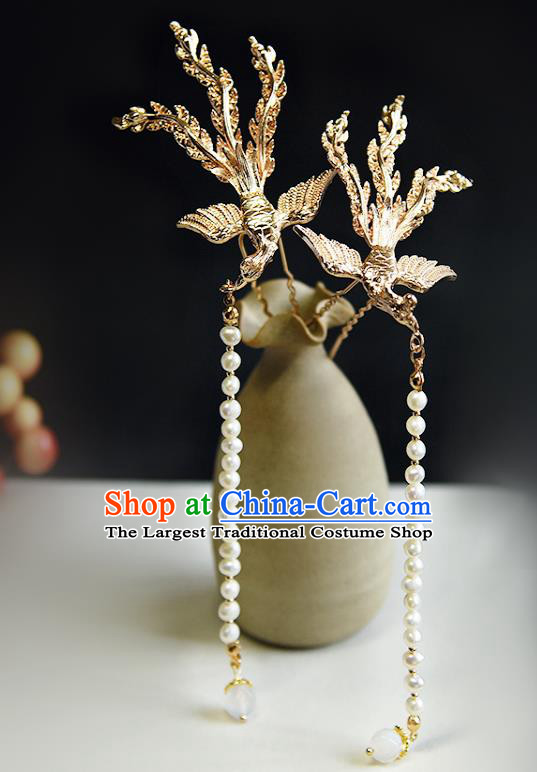 Chinese Ancient Hanfu Pearls Tassel Hairpin Traditional Ming Dynasty Princess Golden Phoenix Hair Stick