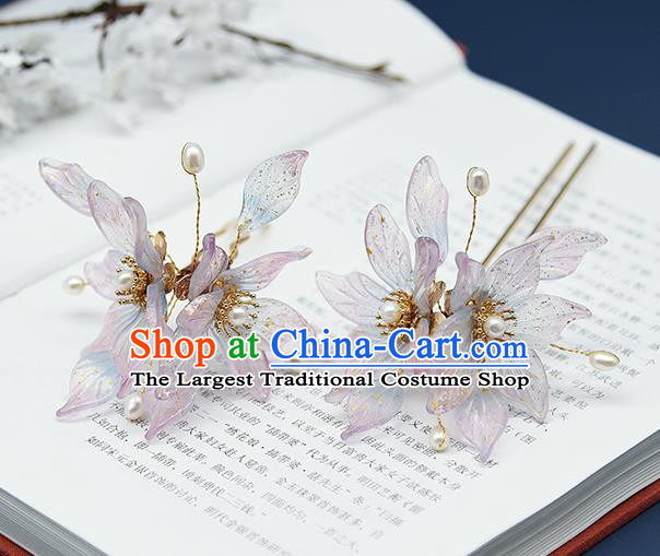 Chinese Ancient Palace Lady Pearls Hairpin Traditional Ming Dynasty Princess Purple Flowers Hair Stick