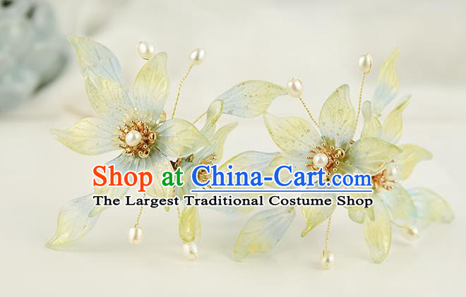 Chinese Traditional Ming Dynasty Princess Green Flowers Hair Stick Ancient Palace Lady Pearls Hairpin