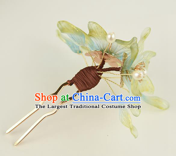 Chinese Traditional Ming Dynasty Princess Green Flowers Hair Stick Ancient Palace Lady Pearls Hairpin