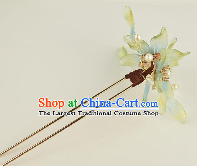 Chinese Traditional Ming Dynasty Princess Green Flowers Hair Stick Ancient Palace Lady Pearls Hairpin