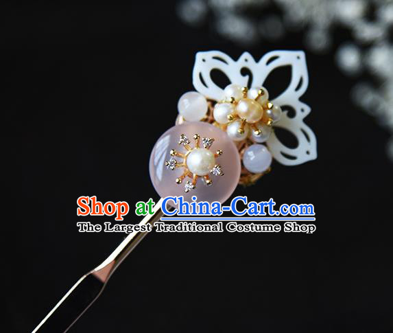 Chinese Traditional Ming Dynasty Shell Lotus Hair Stick Ancient Princess Pearls Hairpin