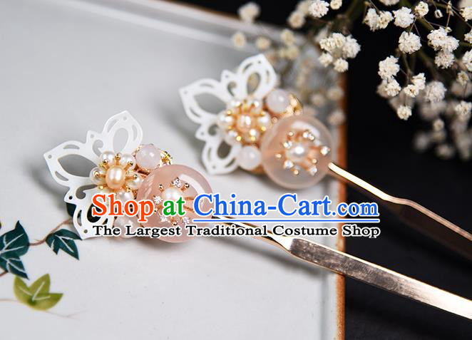 Chinese Traditional Ming Dynasty Shell Lotus Hair Stick Ancient Princess Pearls Hairpin