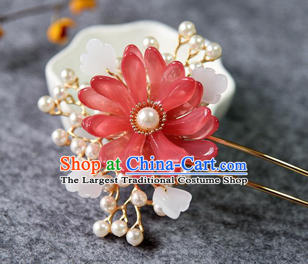 Chinese Traditional Song Dynasty Palace Lady Hair Stick Ancient Princess Red Chrysanthemum Hairpin