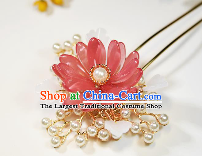 Chinese Traditional Song Dynasty Palace Lady Hair Stick Ancient Princess Red Chrysanthemum Hairpin