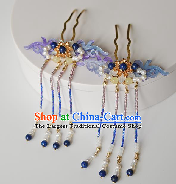 Chinese Traditional Hanfu Purple Shell Hair Comb Ancient Fairy Princess Beads Tassel Hairpin