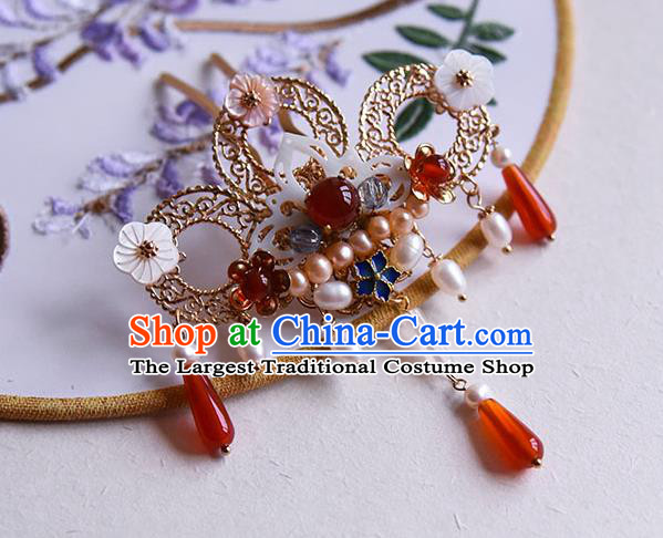 Chinese Traditional Wedding Pearls Hair Stick Ancient Court Princess Shell Lotus Hairpin