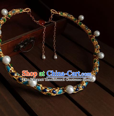 China Classical Ancient Court Woman Pearls Necklace Traditional Ming Dynasty Cloisonne Necklet Accessories
