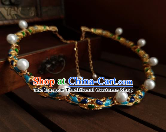 China Classical Ancient Court Woman Pearls Necklace Traditional Ming Dynasty Cloisonne Necklet Accessories