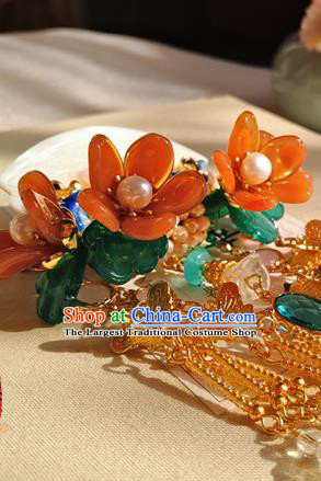 Chinese Ancient Palace Lady Orange Flowers Tassel Hairpin Traditional Hanfu Shell Carving Fan Hair Stick