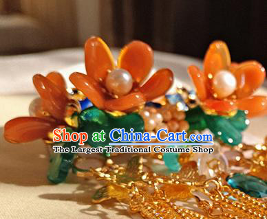 Chinese Ancient Palace Lady Orange Flowers Tassel Hairpin Traditional Hanfu Shell Carving Fan Hair Stick
