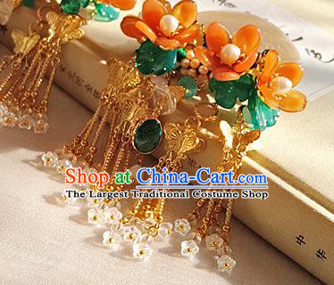 Chinese Ancient Palace Lady Orange Flowers Tassel Hairpin Traditional Hanfu Shell Carving Fan Hair Stick