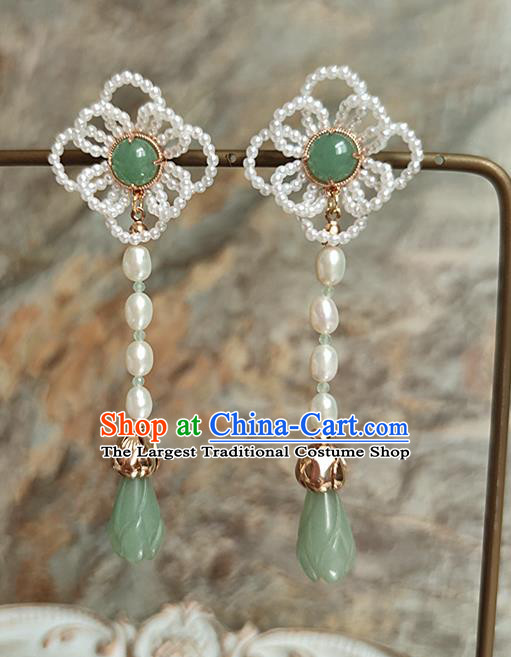 China Handmade Ancient Princess Pearls Earrings Jewelry Traditional Ming Dynasty Jade Mangnolia Ear Accessories