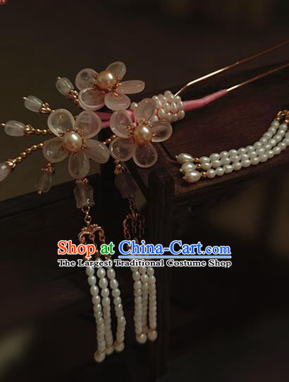 Chinese Traditional Ming Dynasty Rose Quartz Plum Blossom Hair Stick Ancient Princess Beads Tassel Hairpin