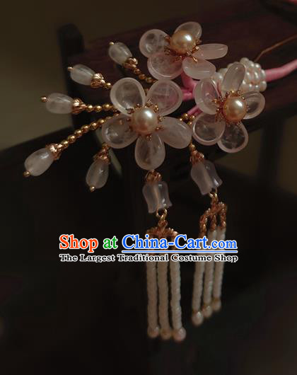 Chinese Traditional Ming Dynasty Rose Quartz Plum Blossom Hair Stick Ancient Princess Beads Tassel Hairpin