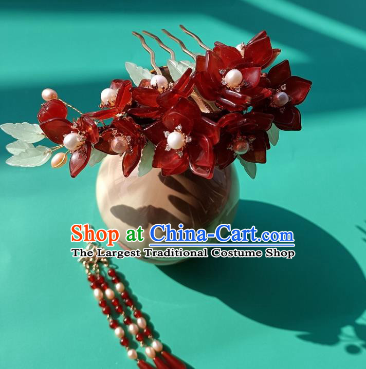 Chinese Traditional Ming Dynasty Red Flowers Hair Comb Ancient Princess Hairpin Hanfu Hair Accessories