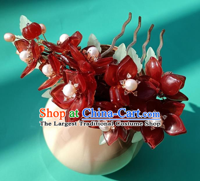 Chinese Traditional Ming Dynasty Red Flowers Hair Comb Ancient Princess Hairpin Hanfu Hair Accessories