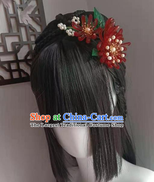 Chinese Ancient Patrician Lady Hairpin Hair Accessories Traditional Ming Dynasty Hanfu Red Chrysanthemum Hair Stick