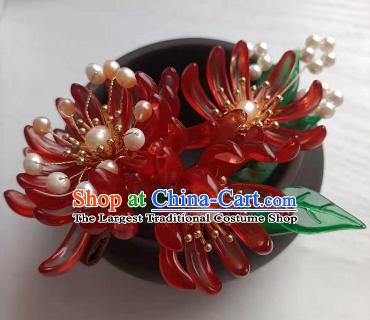 Chinese Ancient Patrician Lady Hairpin Hair Accessories Traditional Ming Dynasty Hanfu Red Chrysanthemum Hair Stick