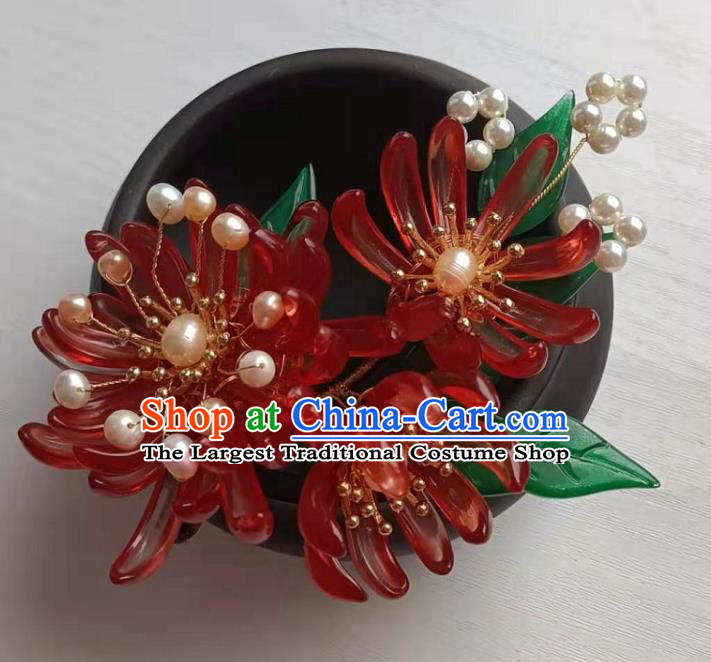 Chinese Ancient Patrician Lady Hairpin Hair Accessories Traditional Ming Dynasty Hanfu Red Chrysanthemum Hair Stick