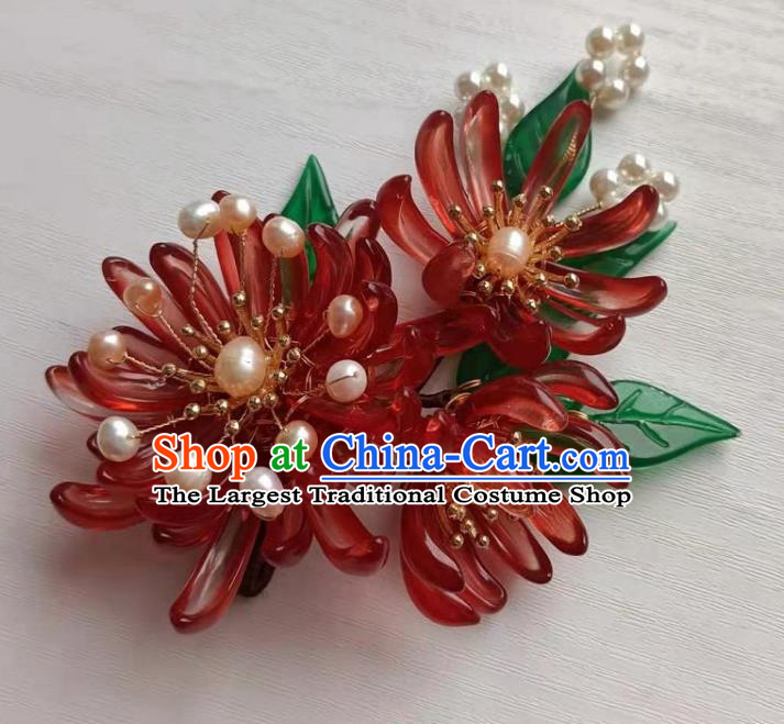 Chinese Ancient Patrician Lady Hairpin Hair Accessories Traditional Ming Dynasty Hanfu Red Chrysanthemum Hair Stick