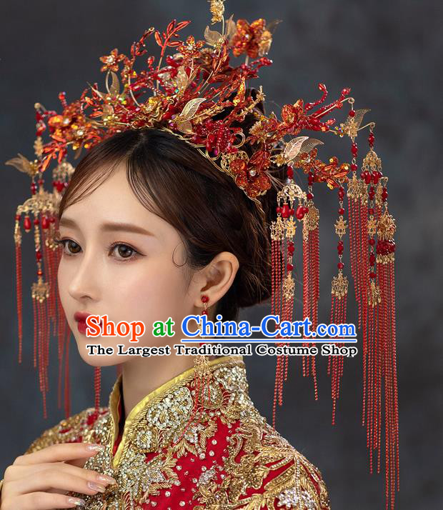 Chinese Traditional Wedding Headdress Xiuhe Suit Bride Hair Crown Classical Luxury Red Tassel Phoenix Coronet