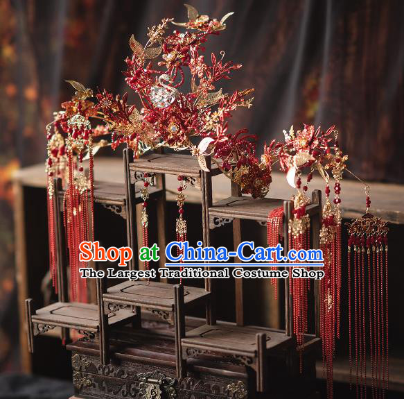 Chinese Traditional Wedding Headdress Xiuhe Suit Bride Hair Crown Classical Luxury Red Tassel Phoenix Coronet