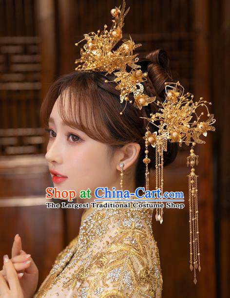 Chinese Classical Golden Leaf Phoenix Coronet Traditional Wedding Headdress Xiuhe Suit Bride Hair Crown
