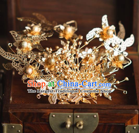 Chinese Classical Golden Leaf Phoenix Coronet Traditional Wedding Headdress Xiuhe Suit Bride Hair Crown