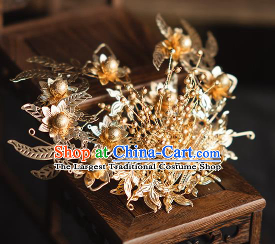 Chinese Classical Golden Leaf Phoenix Coronet Traditional Wedding Headdress Xiuhe Suit Bride Hair Crown