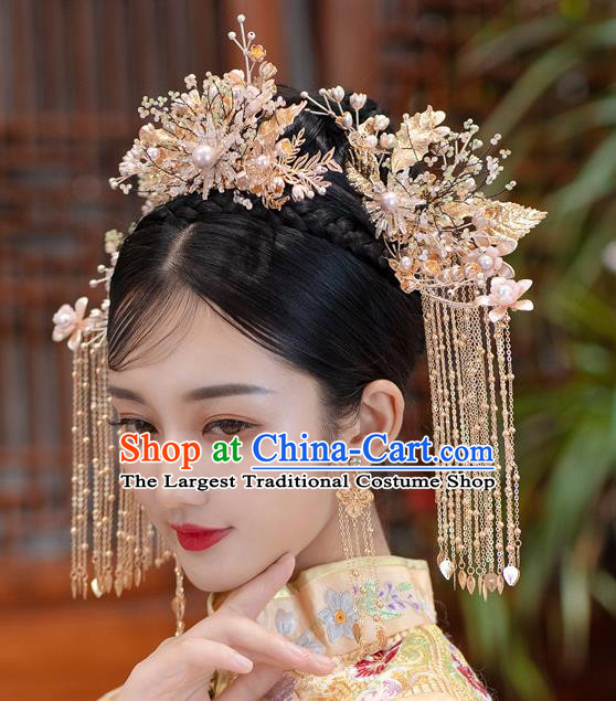 Chinese Classical Golden Tassel Phoenix Coronet Traditional Wedding Headdress Xiuhe Suit Bride Beads Hair Crown
