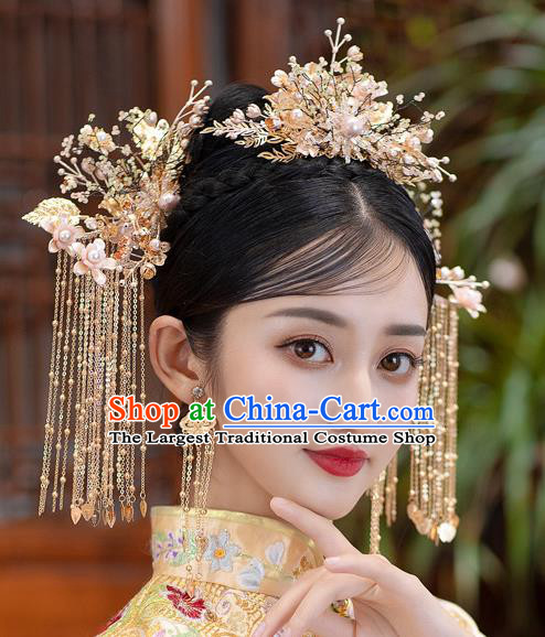 Chinese Classical Golden Tassel Phoenix Coronet Traditional Wedding Headdress Xiuhe Suit Bride Beads Hair Crown